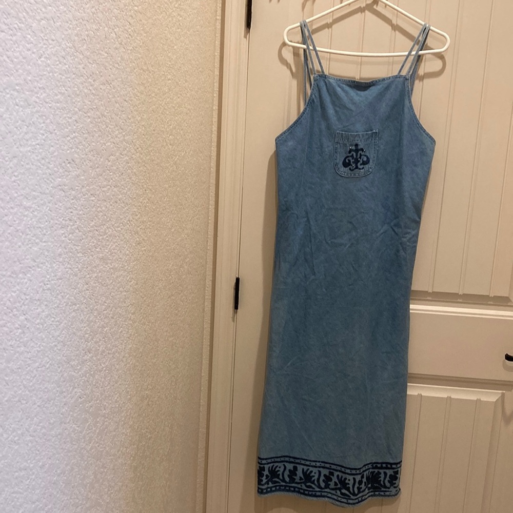 Piccalino Petites Women’s Sz 12P Denim Jumper Midi Spaghetti Straps USA Vintage
